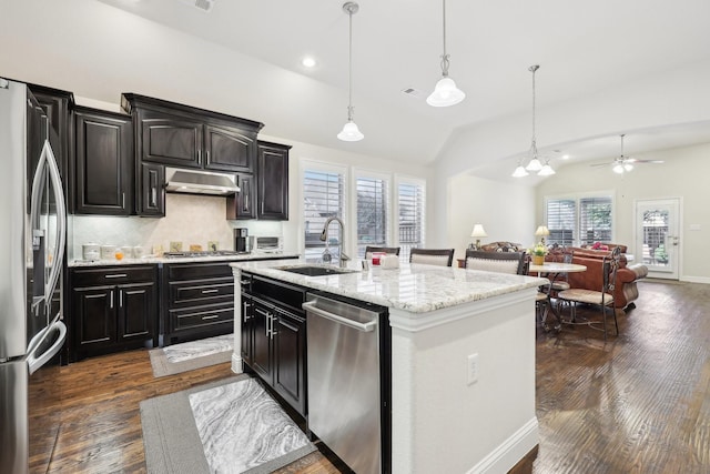 kitchen with lofted ceiling, under cabinet range hood, a sink, appliances with stainless steel finishes, and dark wood-style floors