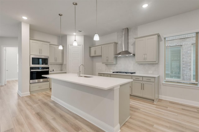 kitchen with appliances with stainless steel finishes, a sink, decorative backsplash, and wall chimney exhaust hood