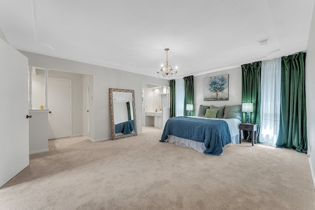 bedroom featuring carpet floors, visible vents, a notable chandelier, and ensuite bathroom