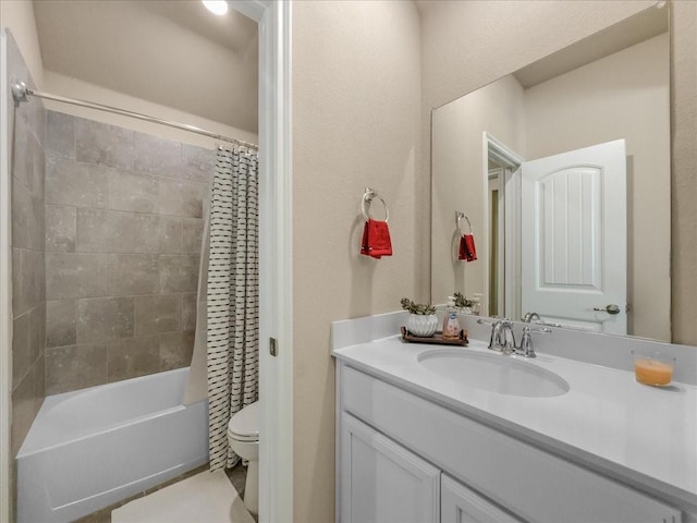 full bathroom with vanity, toilet, and shower / bathtub combination with curtain