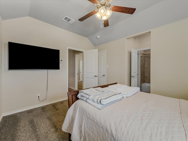 bedroom featuring vaulted ceiling, carpet floors, visible vents, and baseboards