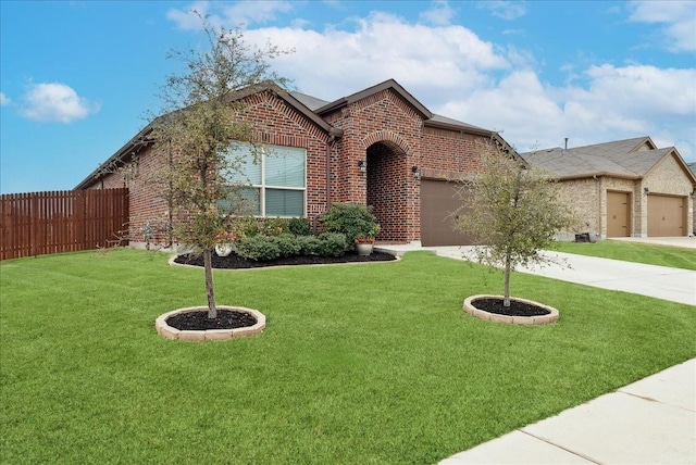 ranch-style home with brick siding, driveway, an attached garage, and fence