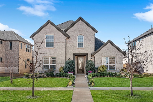 french provincial home featuring a front lawn and brick siding