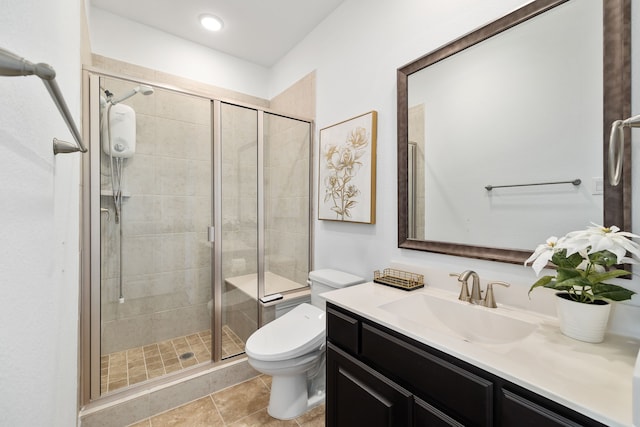 full bath featuring tile patterned flooring, a stall shower, toilet, and vanity