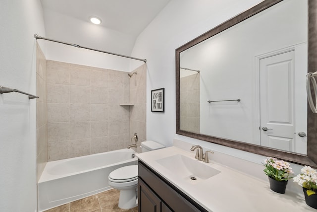 bathroom with vanity, toilet, tub / shower combination, and tile patterned flooring