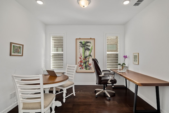 home office featuring recessed lighting, visible vents, baseboards, and wood finished floors