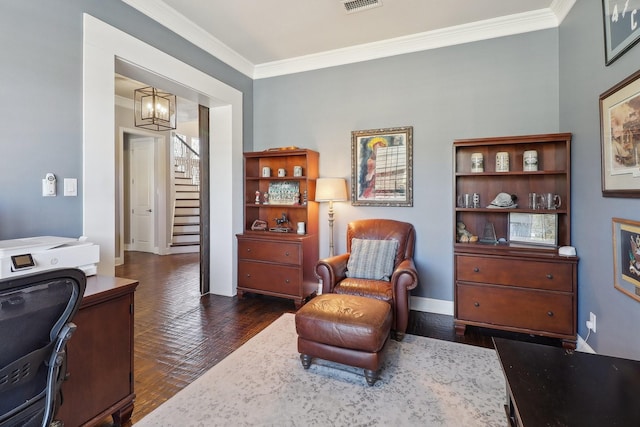 office featuring a chandelier, visible vents, baseboards, dark wood-style floors, and crown molding