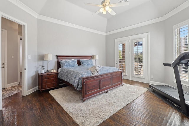 bedroom featuring access to exterior, crown molding, ceiling fan, baseboards, and hardwood / wood-style flooring