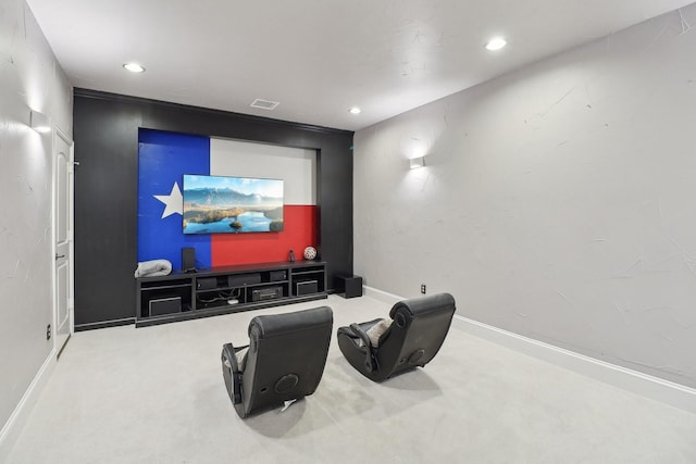 carpeted cinema with baseboards, visible vents, and recessed lighting