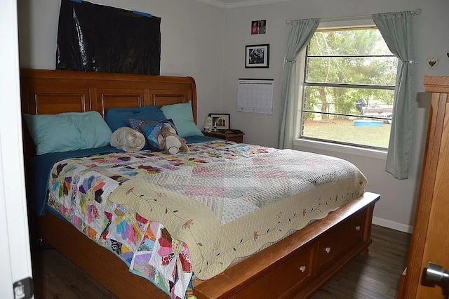 bedroom with multiple windows, baseboards, and dark wood-type flooring