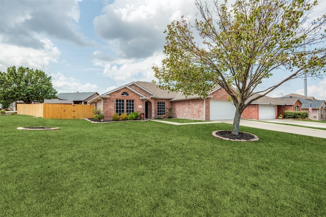 ranch-style home featuring a garage, fence, concrete driveway, and brick siding