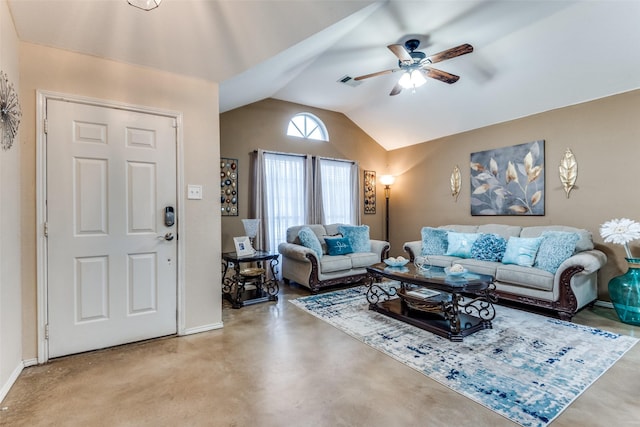 living room with lofted ceiling, ceiling fan, concrete flooring, visible vents, and baseboards