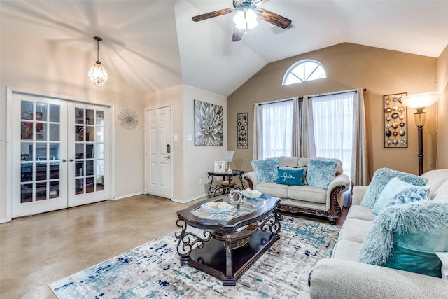 living room with french doors, visible vents, vaulted ceiling, concrete flooring, and baseboards