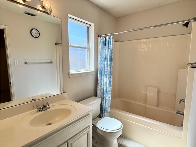 full bath featuring toilet, visible vents, shower / bath combination with curtain, and vanity