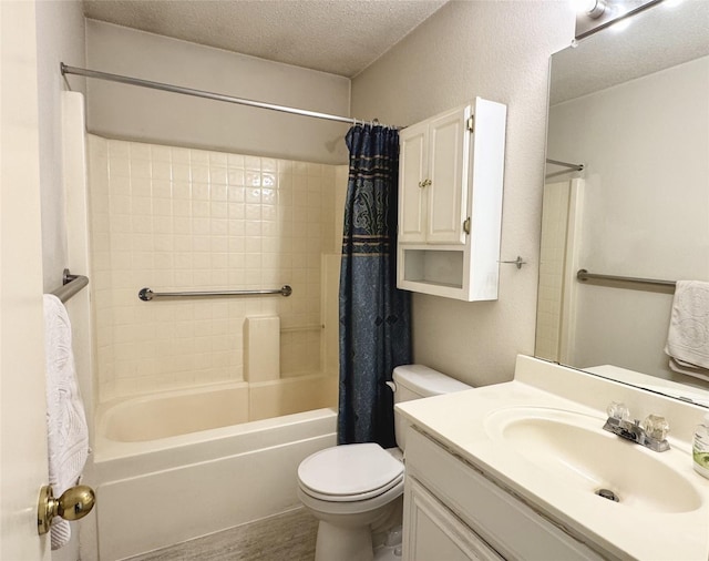 full bathroom with shower / tub combo with curtain, toilet, a textured ceiling, vanity, and wood finished floors