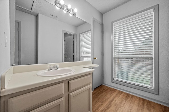 bathroom featuring visible vents, wood finished floors, and vanity