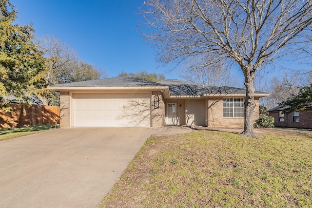 single story home featuring a garage, driveway, a front lawn, and fence