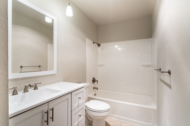 full bath with toilet, tile patterned flooring, washtub / shower combination, and vanity