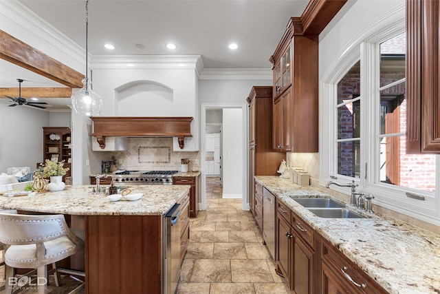 kitchen featuring tasteful backsplash, dishwasher, a kitchen breakfast bar, light stone countertops, and a sink