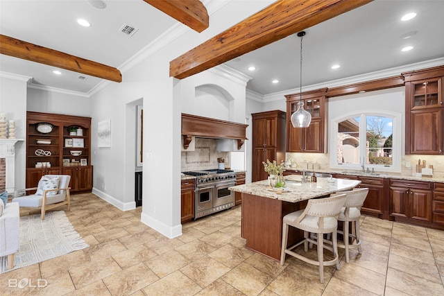 kitchen with double oven range, light stone counters, backsplash, and beam ceiling