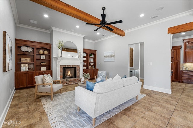 living area with recessed lighting, a brick fireplace, visible vents, and baseboards