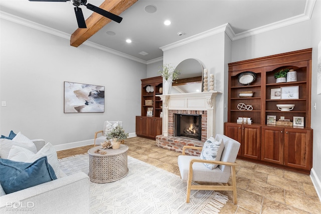 living area with ceiling fan, recessed lighting, baseboards, ornamental molding, and a brick fireplace