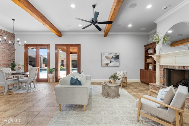 living room with baseboards, ornamental molding, beamed ceiling, a fireplace, and recessed lighting