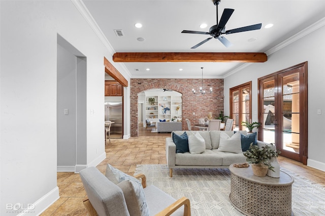 living room featuring brick wall, visible vents, baseboards, beamed ceiling, and crown molding