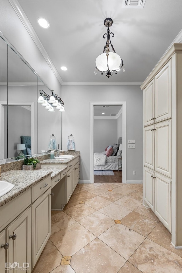 bathroom featuring a sink, double vanity, ornamental molding, and connected bathroom