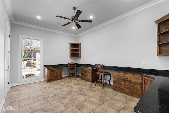 home office featuring built in desk, recessed lighting, ornamental molding, ceiling fan, and baseboards