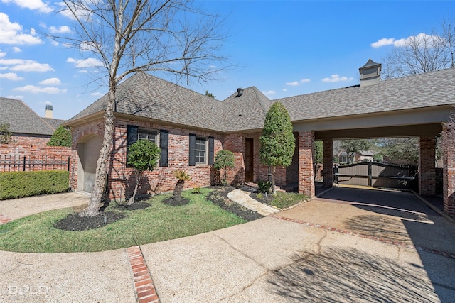 view of front facade featuring roof with shingles, brick siding, a gate, fence, and driveway