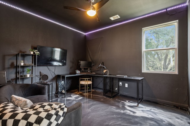 interior space featuring finished concrete floors, visible vents, and a ceiling fan