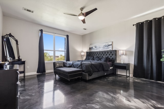 bedroom featuring baseboards, visible vents, and ceiling fan