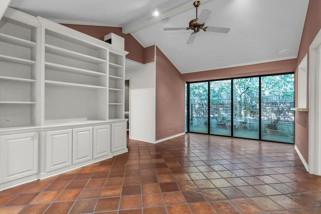 unfurnished room with baseboards, built in shelves, a ceiling fan, and beam ceiling