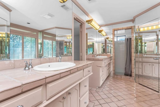 bathroom featuring visible vents, two vanities, and a sink