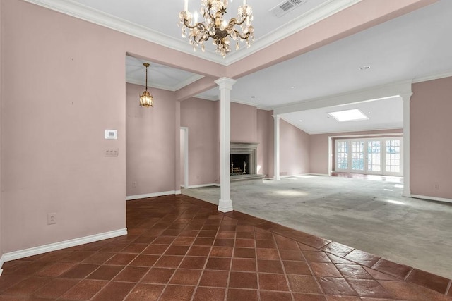 unfurnished living room featuring carpet floors, decorative columns, visible vents, and ornamental molding