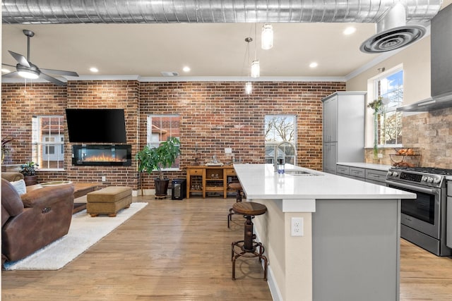 kitchen with light wood finished floors, stainless steel gas range oven, a sink, and gray cabinetry