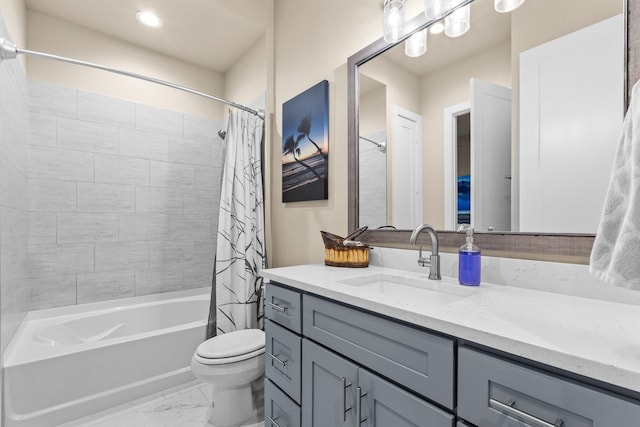 bathroom with shower / bath combo, marble finish floor, vanity, and toilet