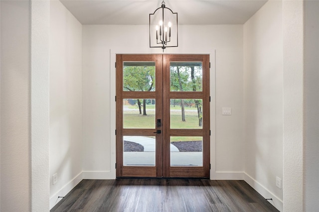 317 Zion Forest Trl, Poolville, TX 76487 - doorway to outside featuring french doors, a chandelier, and dark wood-style floors