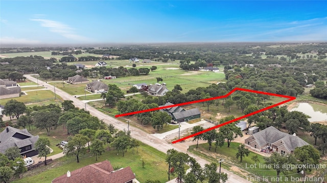 317 Zion Forest Trl, Poolville, TX 76487 - aerial perspective of suburban area featuring property parcel outlined and a nearby body of water
