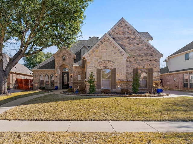 french country home with brick siding, a shingled roof, fence, stone siding, and a front yard