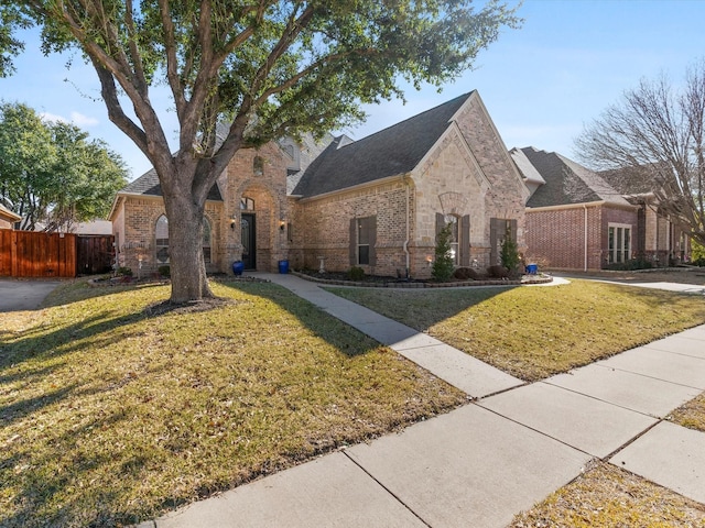 french country style house with stone siding, fence, a front lawn, and brick siding