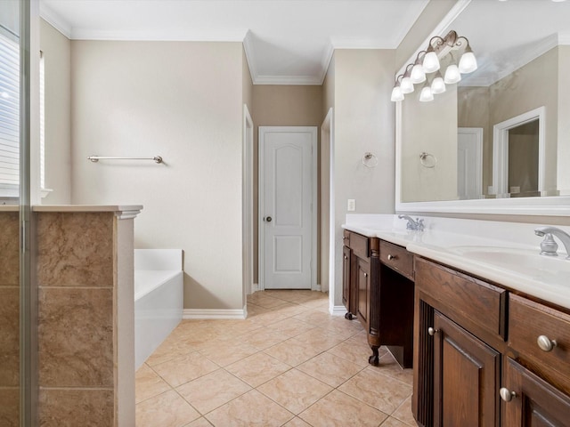 bathroom featuring a garden tub, double vanity, ornamental molding, and a sink