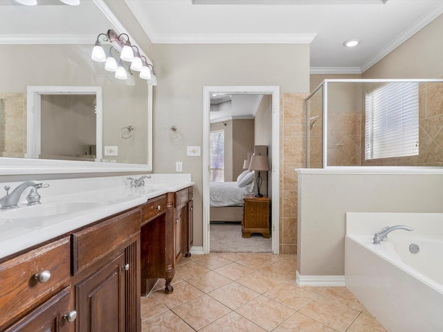 bathroom featuring double vanity, ornamental molding, a tile shower, and connected bathroom