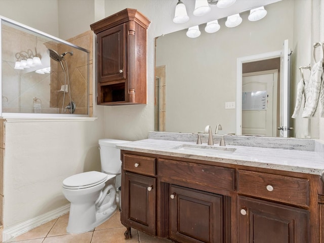 full bathroom featuring vanity, tiled shower, tile patterned flooring, and toilet