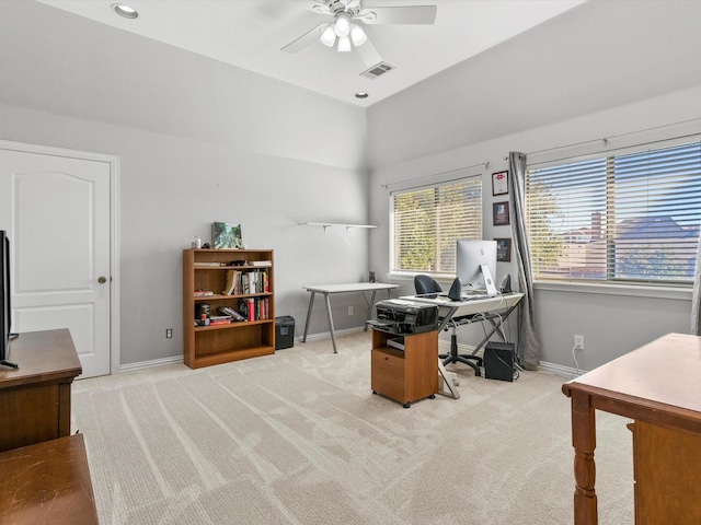 carpeted office space featuring ceiling fan, recessed lighting, visible vents, and baseboards