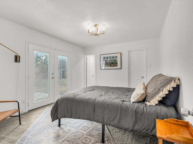 bedroom featuring carpet floors, access to outside, and french doors