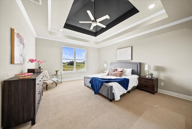 bedroom with crown molding, baseboards, light carpet, recessed lighting, and a raised ceiling