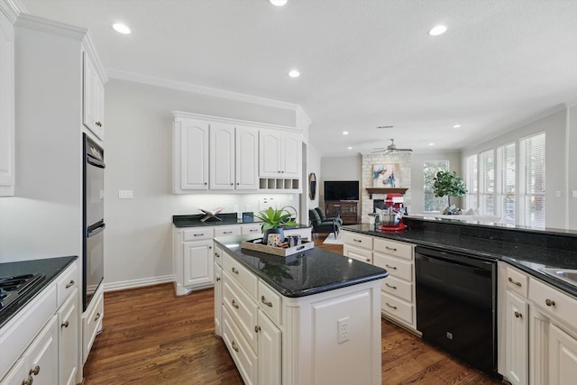 kitchen featuring white cabinetry, dark wood-type flooring, dishwasher, and open floor plan