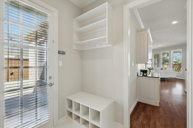 mudroom with baseboards, recessed lighting, dark wood finished floors, and crown molding